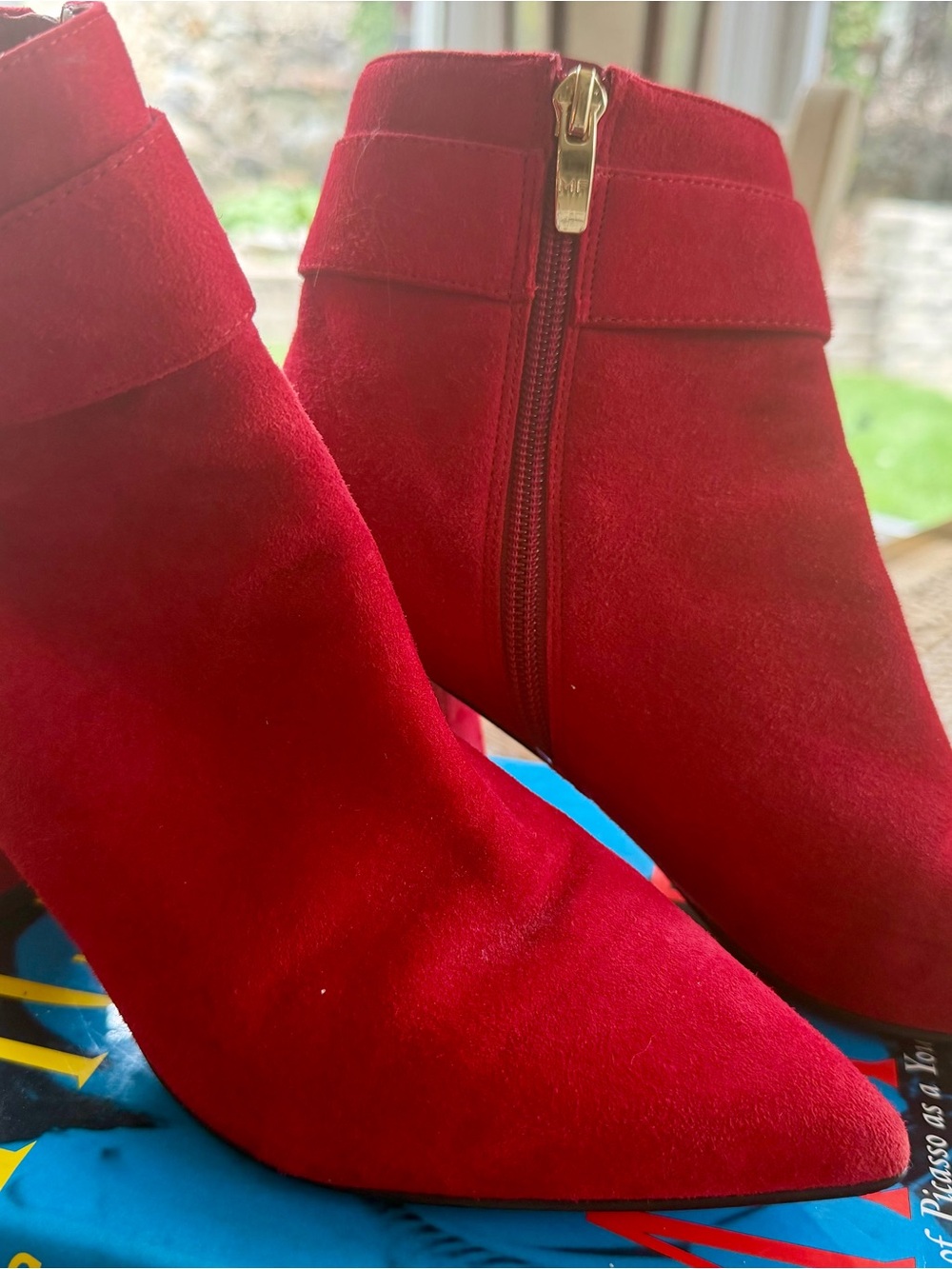Marc Fisher Red Suede Pointed Ankle Booties with Side Zip